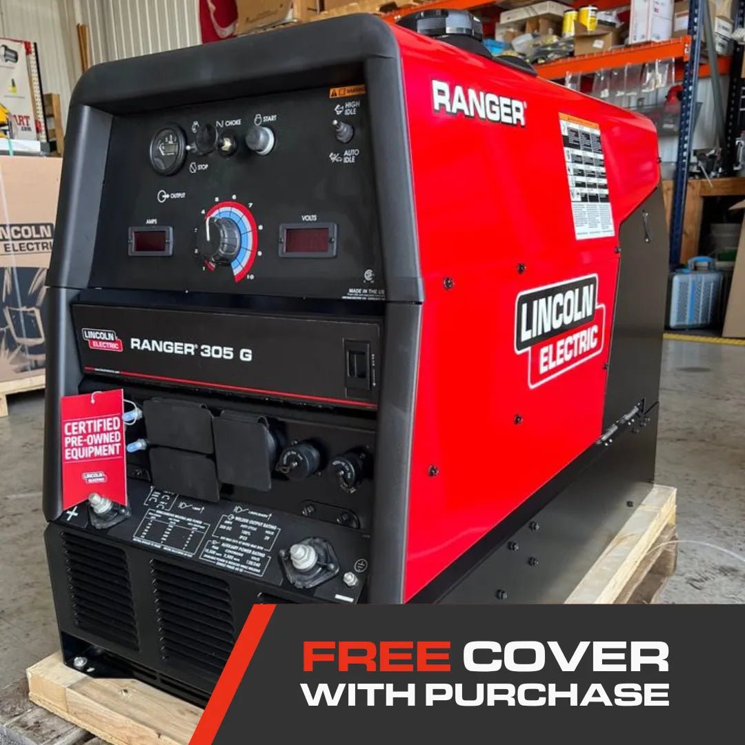 Lincoln Ranger 305G welder, certified pre-owned, on pallet in workshop. Free cover with purchase at WeldingMart.