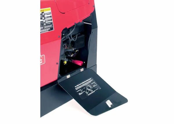 Lincoln Ranger 305G welder with open side panel showing internal components, instructional label, and portable welding station features.