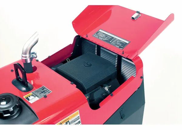 Lincoln Ranger 305G welder demo unit U1726-5 with open lid, revealing black engine, welding components, and warning labels.