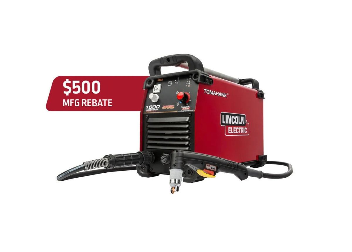 Lincoln Tomahawk 1000 Plasma Cutter with Hand Torch and cables, "$500 MFG REBATE" label, welding equipment at WeldingMart.