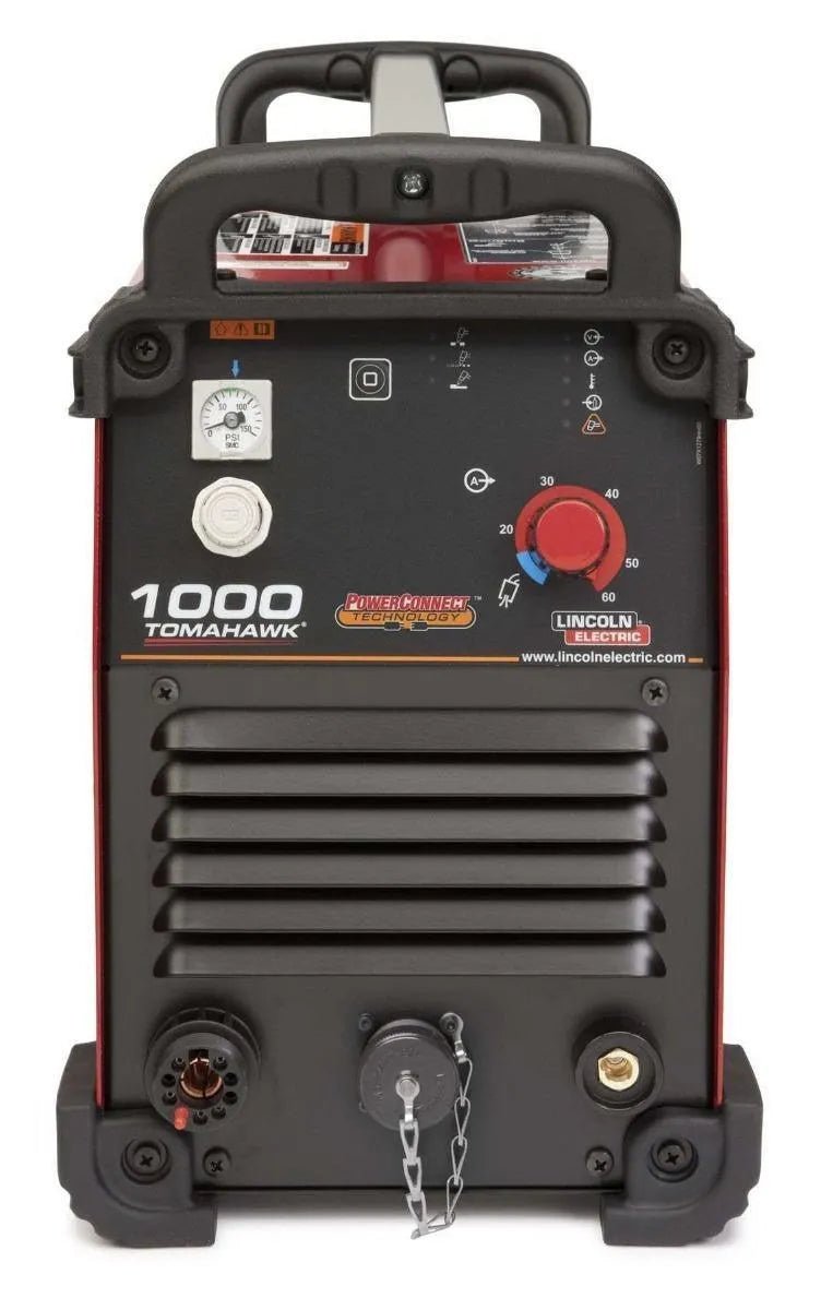 Lincoln Tomahawk 1000 Plasma Cutter with Hand Torch U2808-1, control panel, dials, power switch & ports for welding professionals.