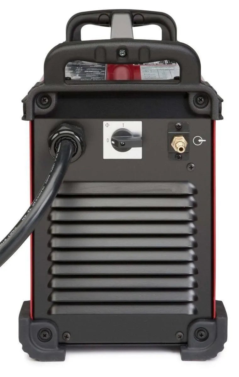 Lincoln Tomahawk 1000 Plasma Cutter rear view with ribbed casing, power cable, control dial, and port—WeldingMart industrial tool.