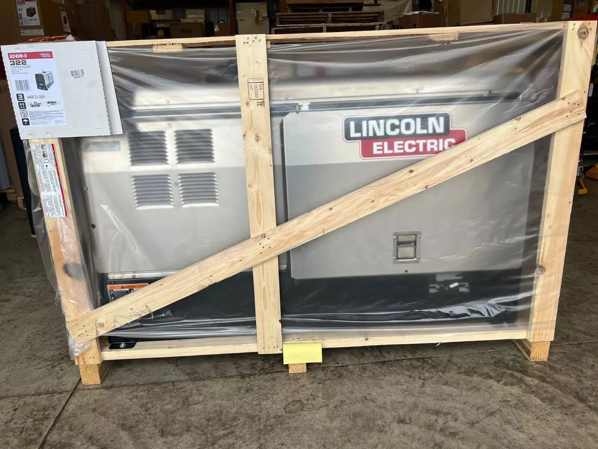 Lincoln Vantage 322 Engine-Driven Welder/Generator Kubota U2409-5 crated with plastic cover—WeldingMart welding equipment.