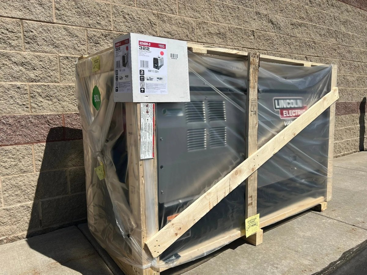 Lincoln Vantage 322 engine-driven welder/generator Kubota U2409-5, crated, with tags and Lincoln Electric label at WeldingMart.