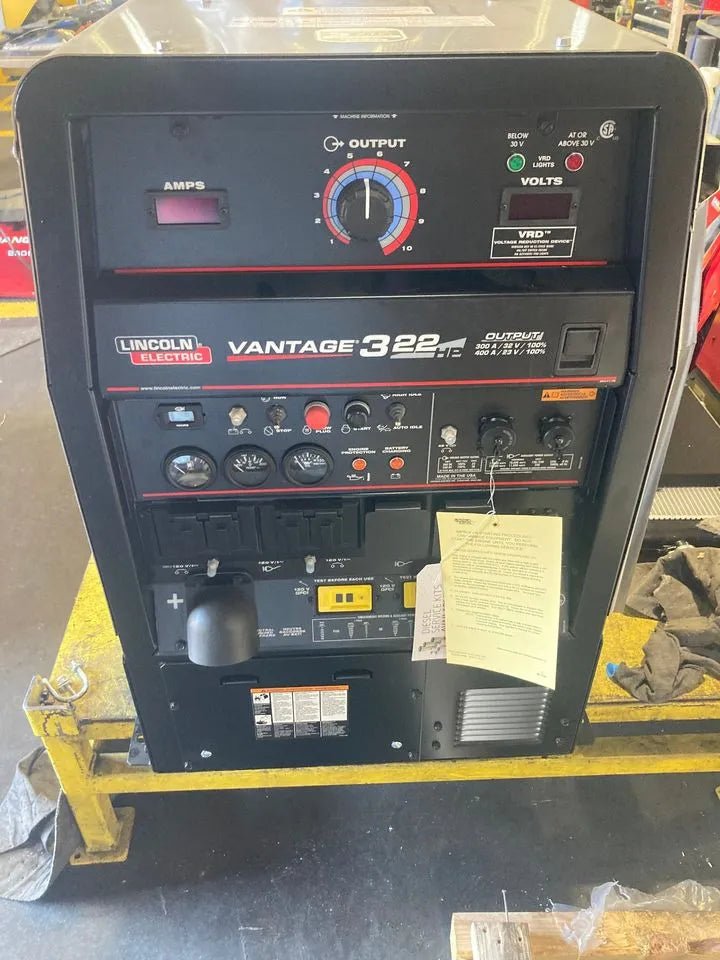 Lincoln Vantage 322 Engine-Driven Welder Generator Kubota U2409-5 on yellow cart; control panel with gauges, dials, tags.