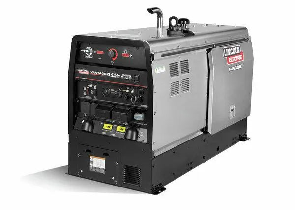 Lincoln Vantage 441X Perkins Engine Driven Welder, black base, silver-gray body, front controls—ideal industrial welding equipment.