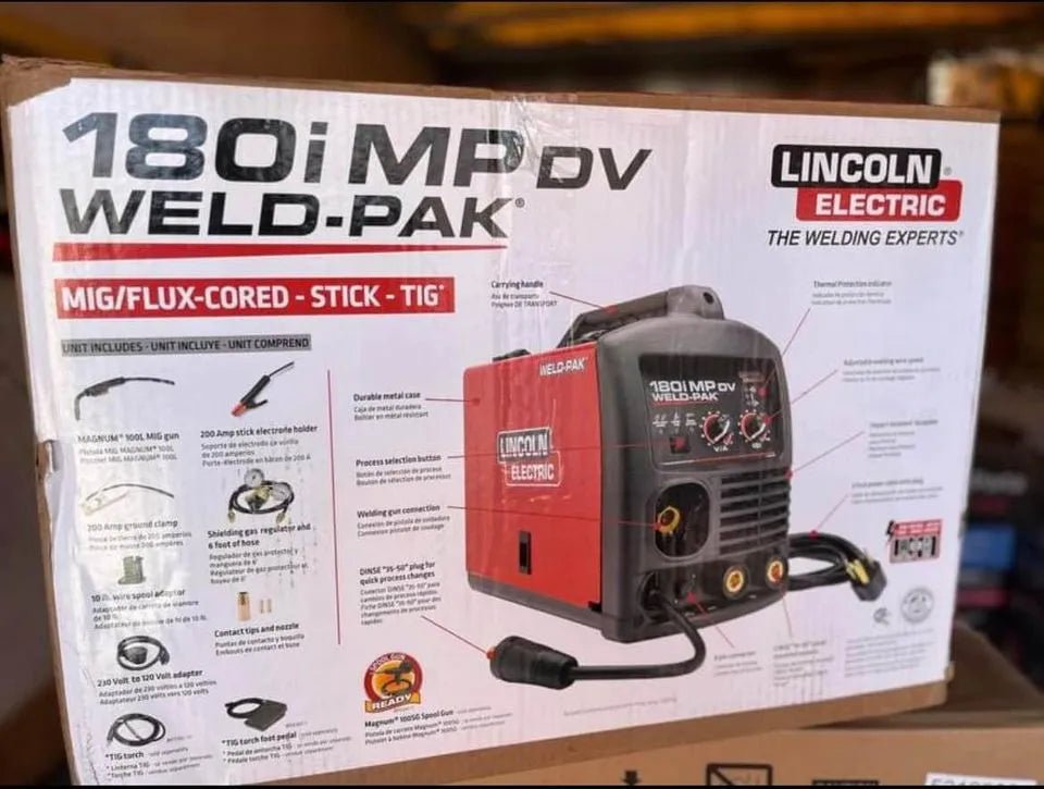 Lincoln Weld-Pak 180iMP DV Multi-Process Welder box showing MIG, flux-core, stick, TIG, dual voltage; WeldingMart equipment.