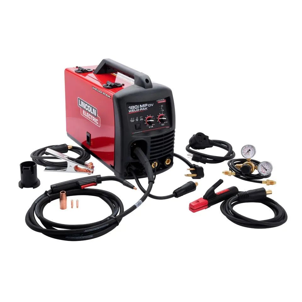 Lincoln Weld-Pak 180iMP DV Multi-Process Welder U5257-1 with cables, clamps, gauges, and welding accessories on white background.