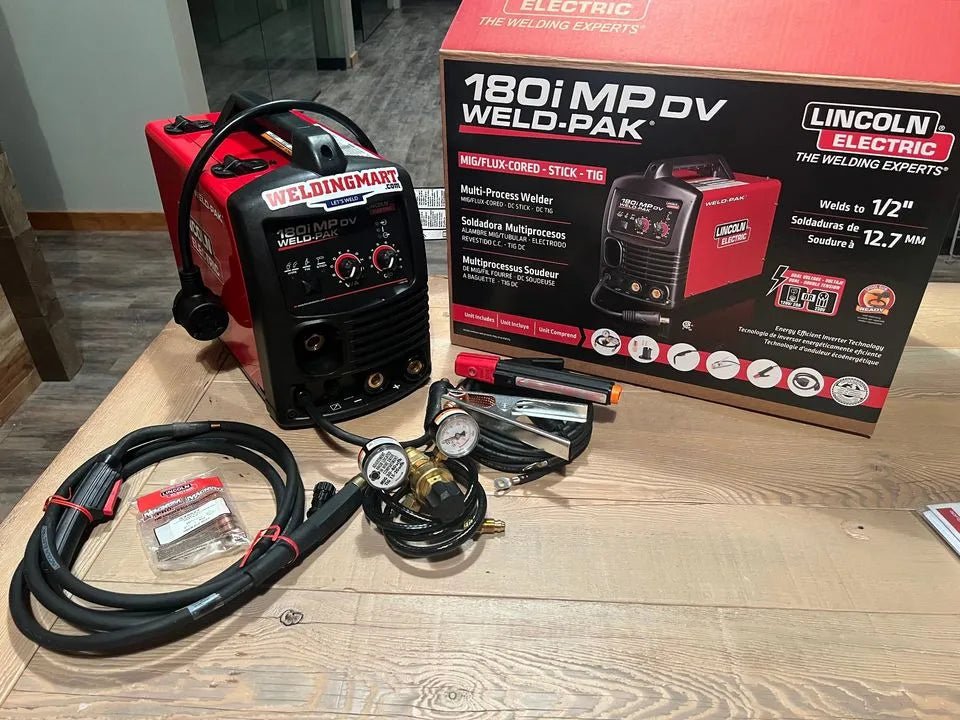 Lincoln Weld-Pak 180iMP DV Multi-Process Welder with box, cables, regulator, and accessories for WeldingMart professionals.
