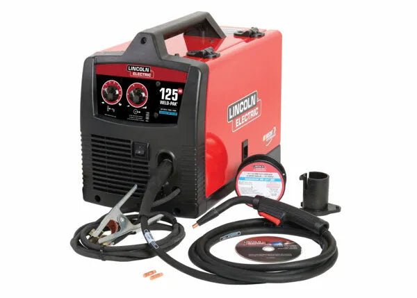 Lincoln Work Pack 125 Demo U2699-3 welder with cables, welding gun, ground clamp, flux-cored wire spool, and accessories.