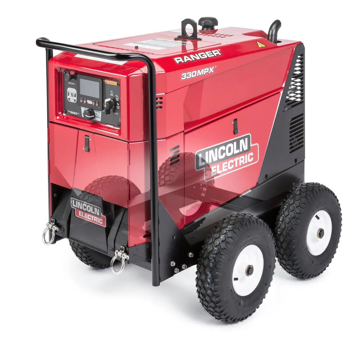 A red Lincoln Electric Ranger 330MPX engine drive generator/welder sits on a Lincoln Factory Undercarriage K3589-1 with four large black tires, a front control panel, black protective bars, and the Lincoln Electric logo in white lettering.