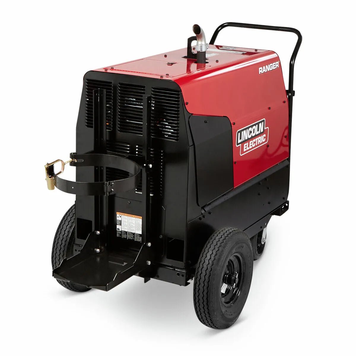 The Lincoln Factory Undercarriage (Pneumatic) K1770-2 features two large pneumatic tires, a transport handle, front metal holder attachment, top exhaust pipe, side vents, and the Lincoln Electric logo. Red and black color scheme.