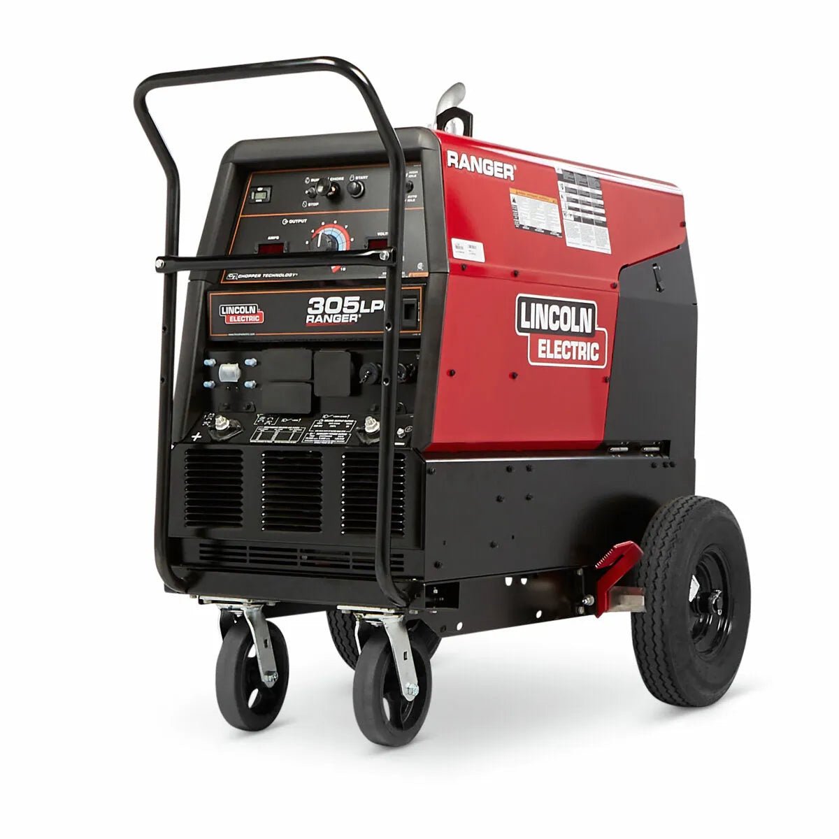 A Lincoln Factory Undercarriage (Pneumatic) K1770-2 features pneumatic tires, a portable cart with a black handlebar for maneuvering, and is designed for use with Lincoln welder-generator machines, providing mobility and stability on various job sites.