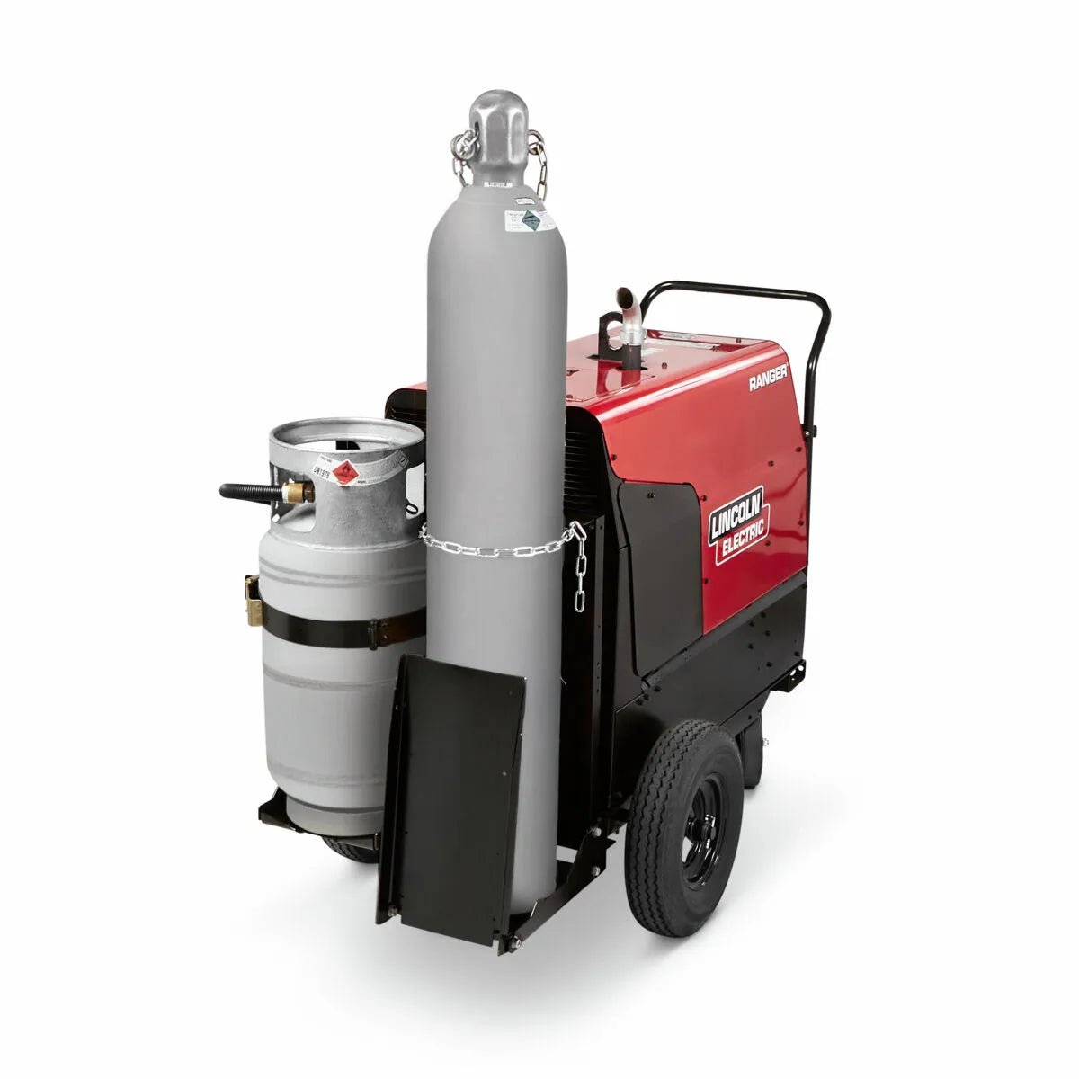 The Lincoln Factory Undercarriage (Pneumatic) K1770-2 is a red and black wheeled generator with pneumatic tires for mobility, large gas and propane tanks mounted at the front, secured by a chain and bracket, plus top control knobs.