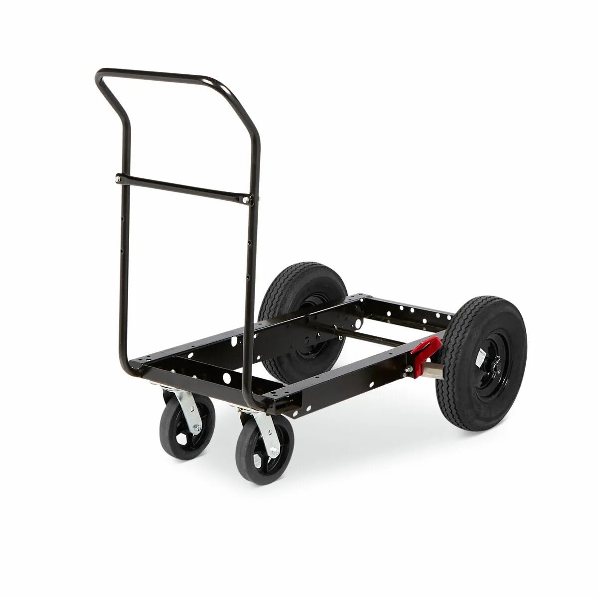 The Lincoln Factory Undercarriage with Flat-Free Tires K1770-3 is a black metal cart with a tall handle, two swiveling front casters, and two large rear flat-free tires. Its open rectangular base is shown empty against a white background.