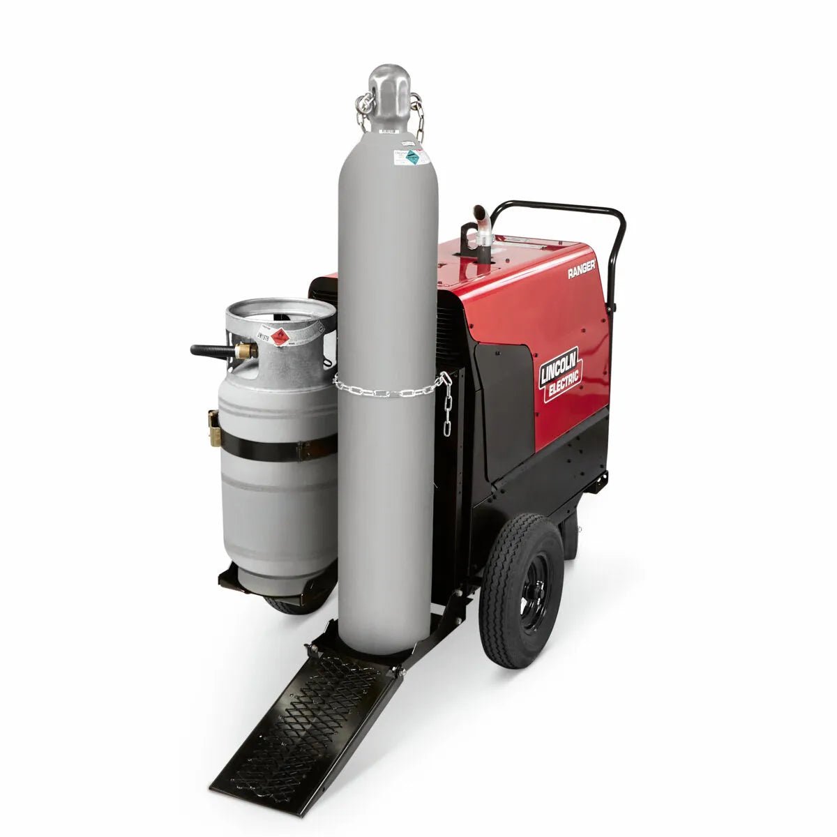 The Lincoln Factory Undercarriage with Flat-Free Tires K1770-3 is shown in red and black on wheels, featuring flat-free tires, a tall gray gas cylinder, a side-mounted propane tank, and a rear-mounted metal ramp—all on a white background.