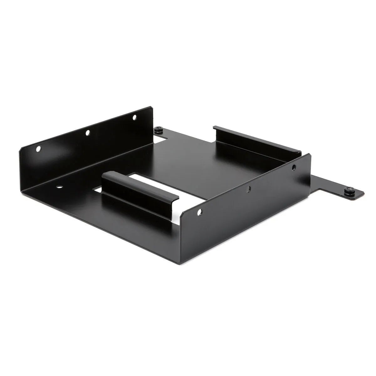A black metal bracket with raised side supports and pre-drilled holes, designed for securing electronic devices as part of the Lincoln Feeder Mounting Kit for Inverter Cart K4068-1 with a Power Feed system.