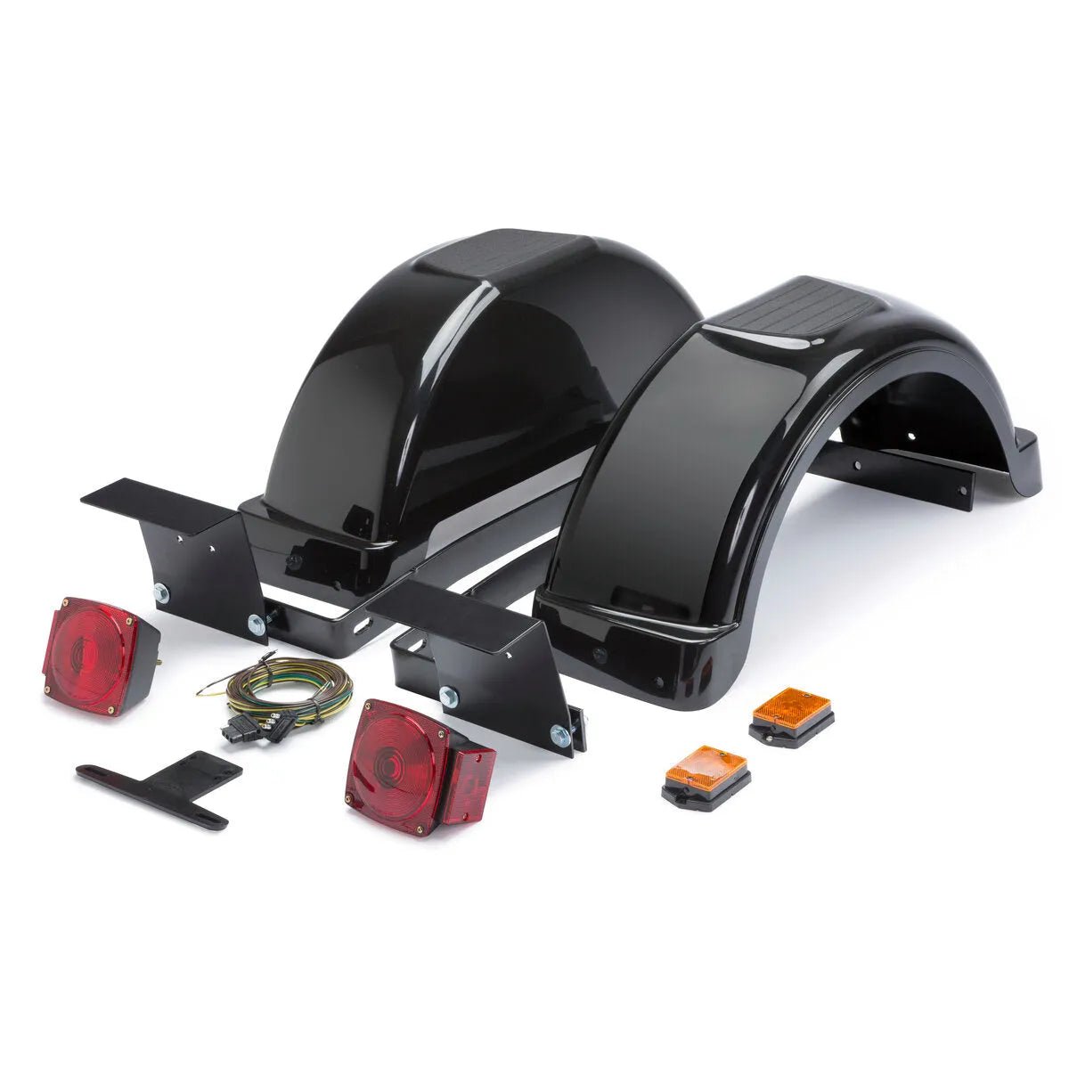 The Lincoln Fender and Light Kit for Welder Trailers K2639-1 includes two glossy black fenders with built-in steps, red rectangular tail lights, orange marker lights, wiring harness, and mounting brackets arranged on a white background.