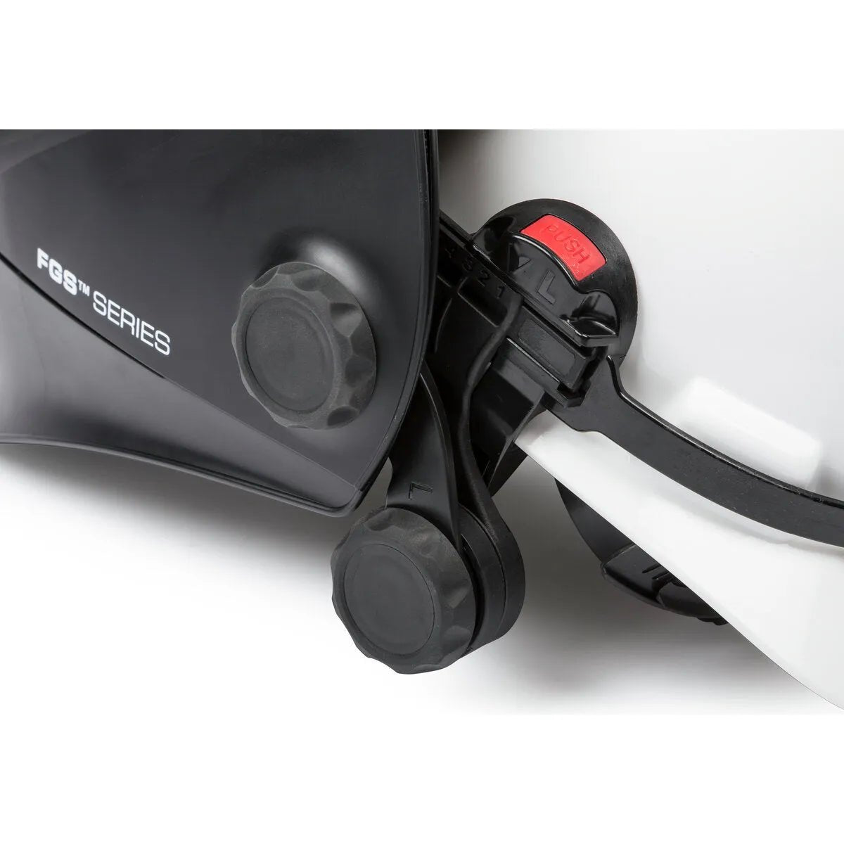 FG5™ Series welding helmet hinge with red PUSH button, textured adjustment knobs, fits Lincoln FGS 3250D Hard Hat Adapter KP3708-1.