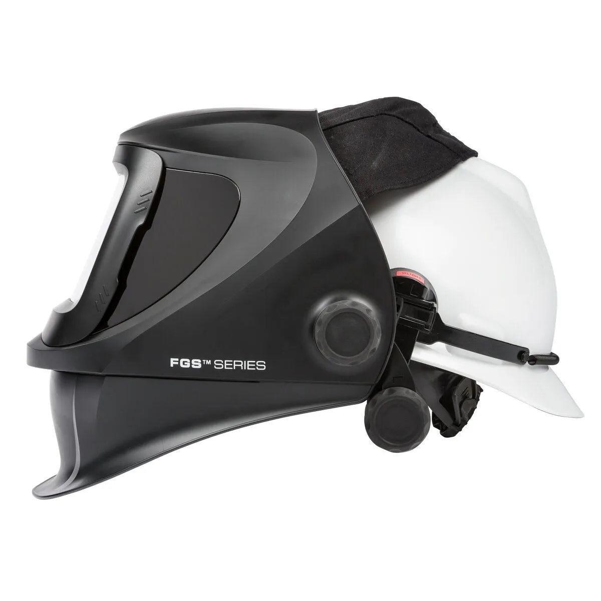 Lincoln FGS 3250D welding helmet with black face shield, FGS Series, Halo Style Hard Hat Adapter KP3708-1 for safety on WeldingMart.