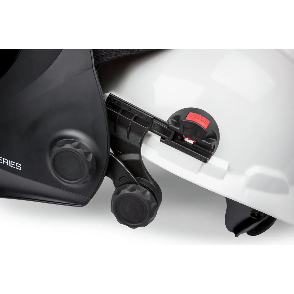 Lincoln FGS 3250D Slotted Hard Hat Adapter KP3707-1 on helmet, with black knobs, for welding helmets and PPE accessories.
