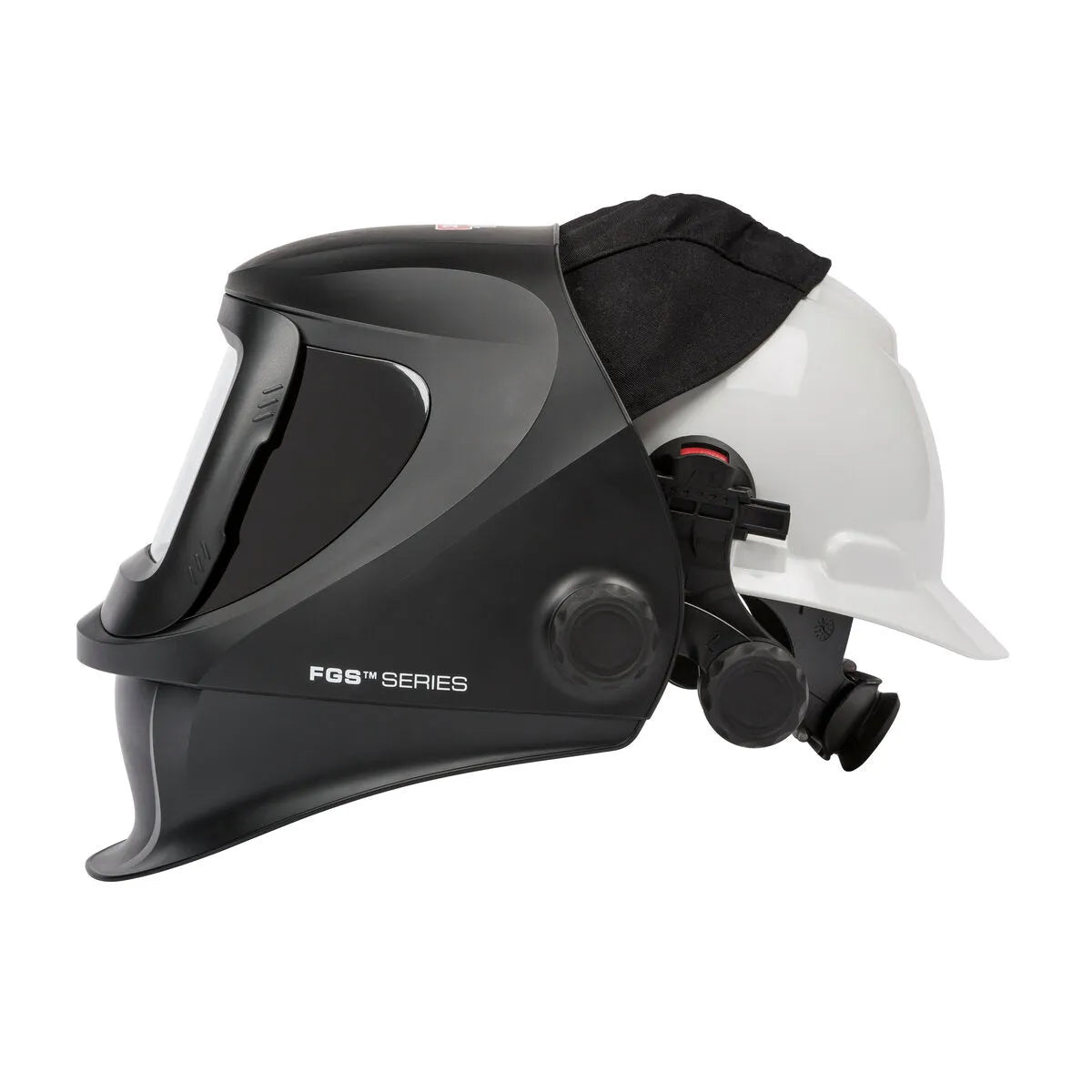 Lincoln FGS 3250D Slotted Hard Hat Adapter KP3707-1 on helmet with face shield and respirator for welding safety accessories.