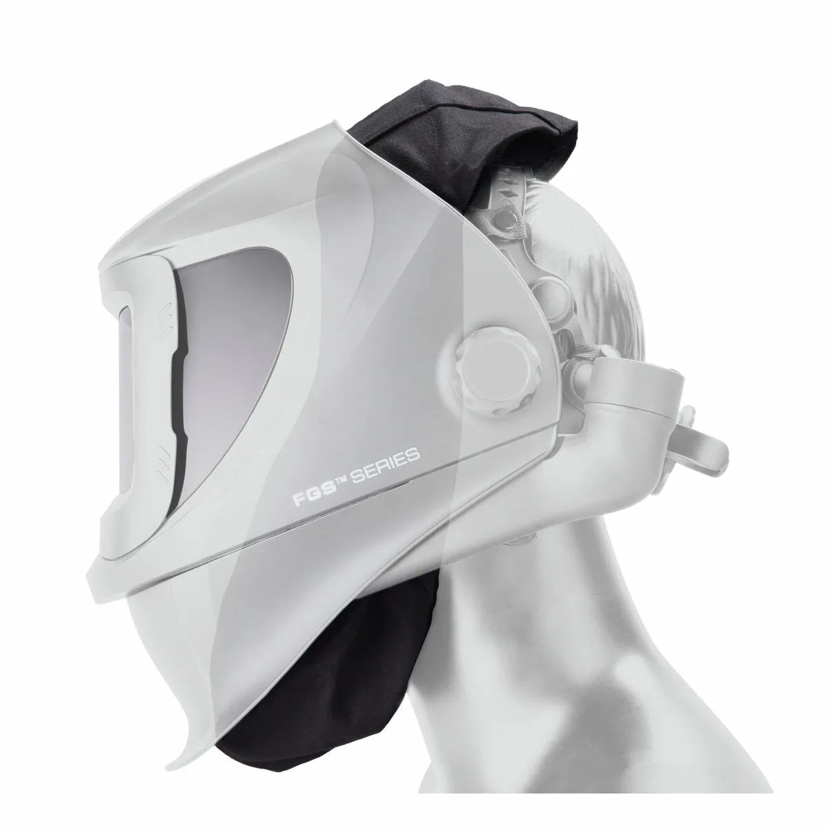 Lincoln FGS PAPR Headcovering KP4473-1 with visor and black hood for full face and neck protection in welding respirator use.