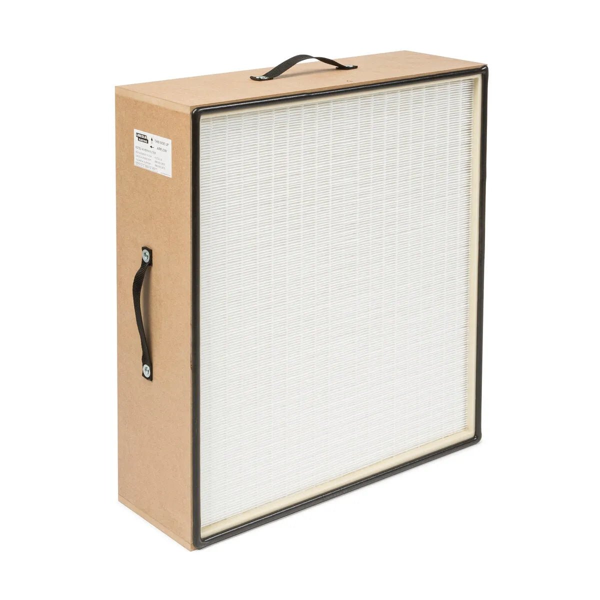 The Lincoln HEPA Filter for DownFlex 200-M 400-MS/A (KP2752-14) is a square air filter with a cardboard frame, white pleated media, black trim and handles, plus a side label. Designed for fume extraction and compatible with DownFlex 200-M systems.