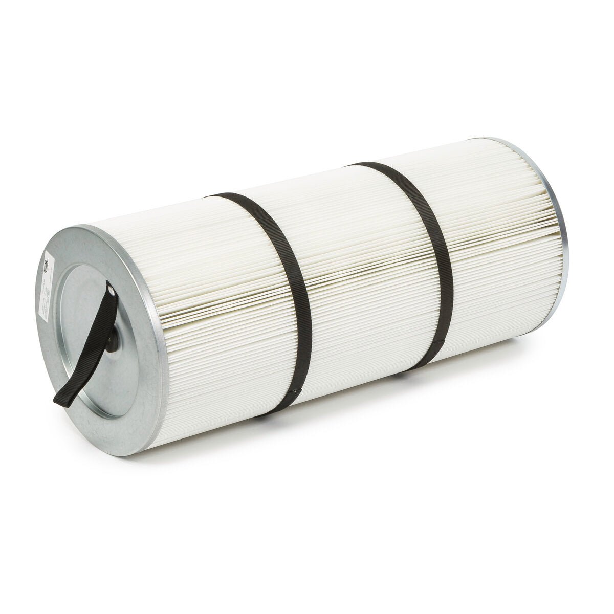 The Lincoln MERV 11 Statiflex Filter Bank Filter (KP3370-1) is a cylindrical cartridge with white pleated material, black bands, metal end caps, and a black carrying handle, shown lying on its side against a plain white background.