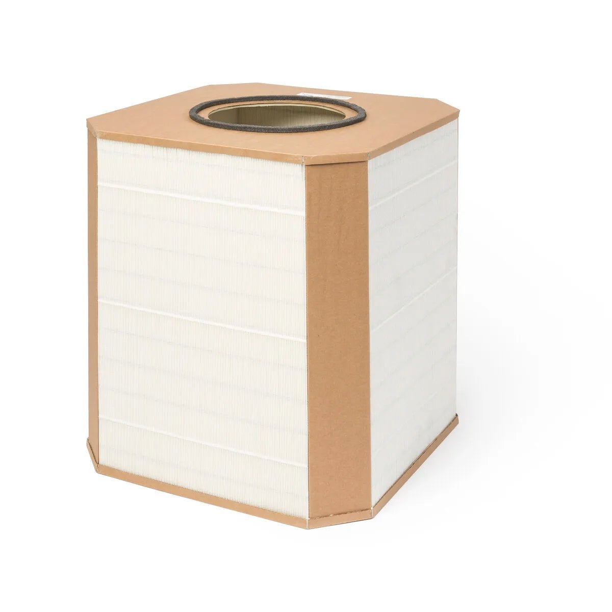 A hexagonal MERV 16 (HE) Nano filter with a cardboard frame and white pleated sides. The top has a circular opening with a black rim. Lincoln Filter; Prism Mobile & Wall Mount KP1673-9 is shown on a white background.