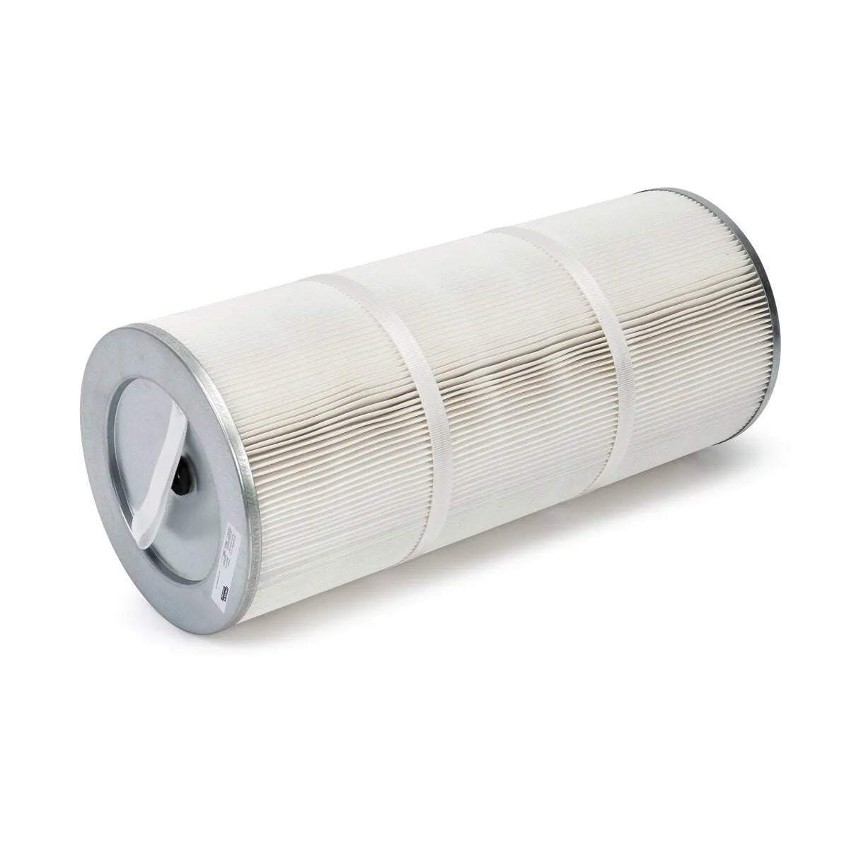 The Lincoln Filter MERV 16 (HE) Nano Statiflex Filter Bank KP3370-2 is a cylindrical white nanofiber cartridge with metal end caps, a plastic removal handle on one end, and lengthwise pleats secured by evenly spaced bands.