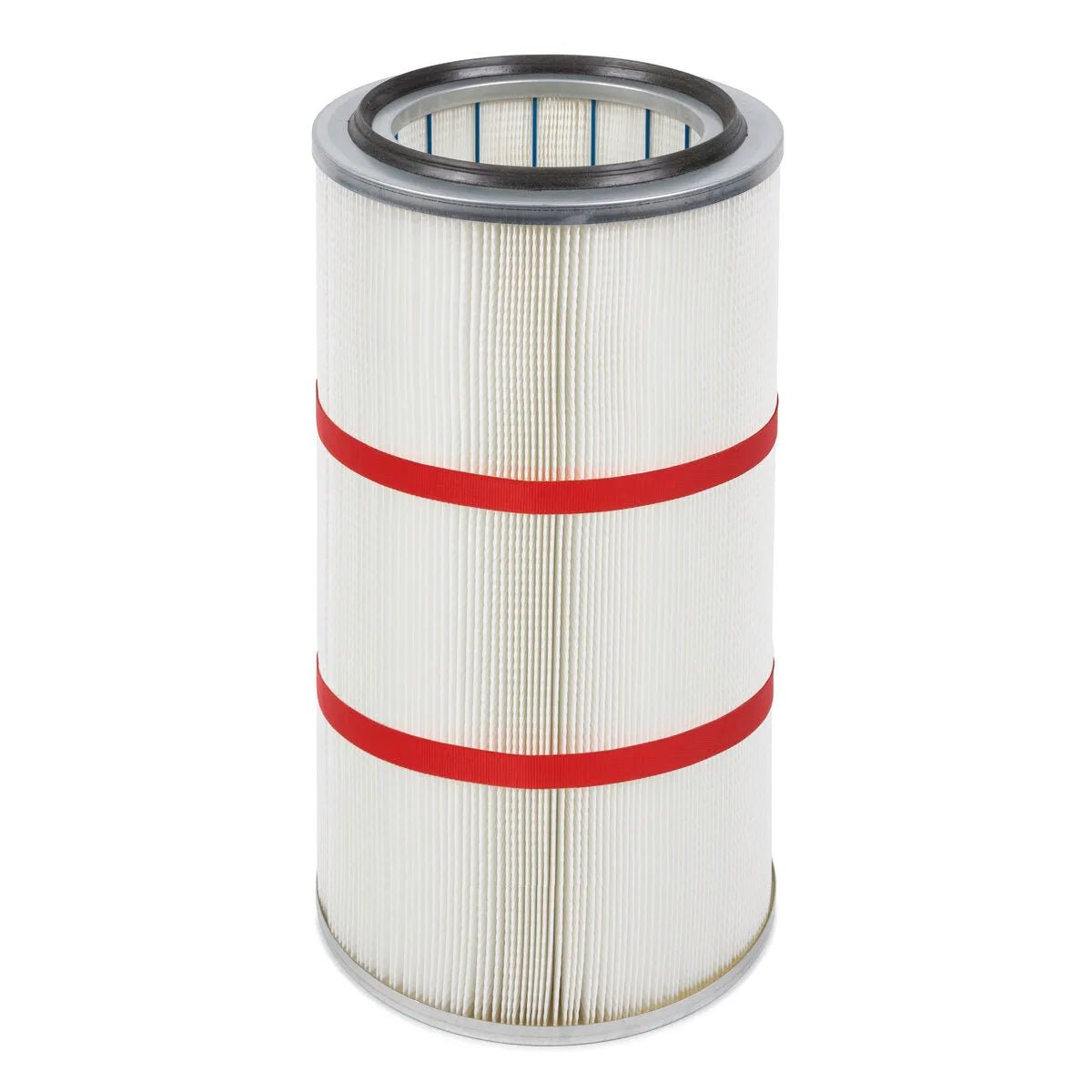 The Lincoln Filter, MERV 16 (HE), PTFE, Statiflex Filter Bank KP3370-3 is a white cylindrical pleated cartridge with two red bands at its center and metallic top and bottom rims. It stands vertically against a plain white background.