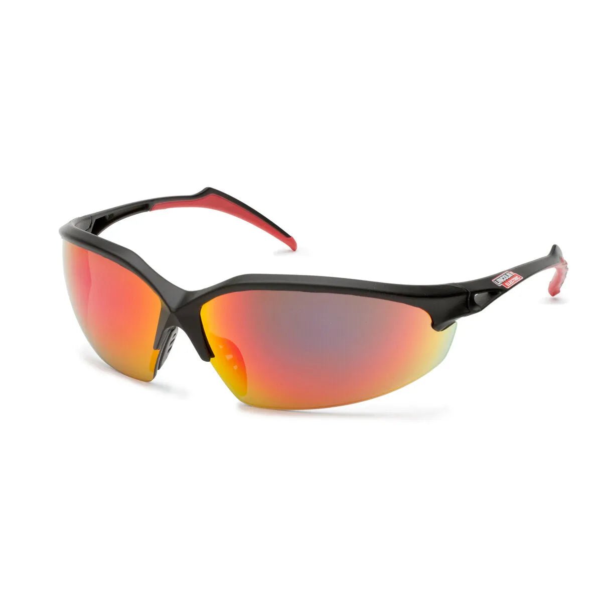 Lincoln K2970-1 welding safety glasses with black frames, red mirror lens, UV protection, and wraparound design for outdoor welders.