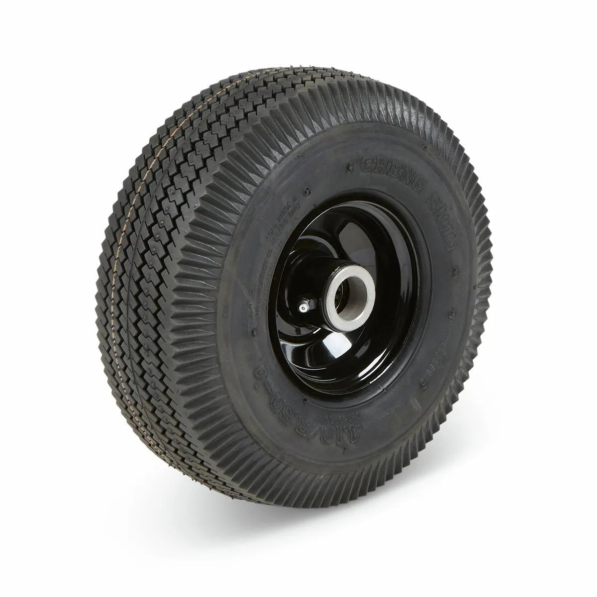 A close-up of the Lincoln Flat-Free Tire Kit 10 in KP4925-1 shows its black rubber tire with textured tread and detailed sidewall on a shiny black rim, all set against a plain white background.