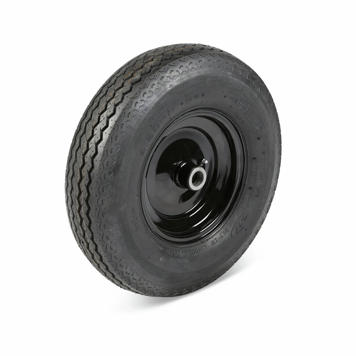 The Lincoln Flat-Free Tire Kit 16 KP4926-1 is a black rubber replacement tire with a treaded pattern and shiny black metal hub, shown angled on a white background. It suits Ranger undercarriages and features sidewall markings.
