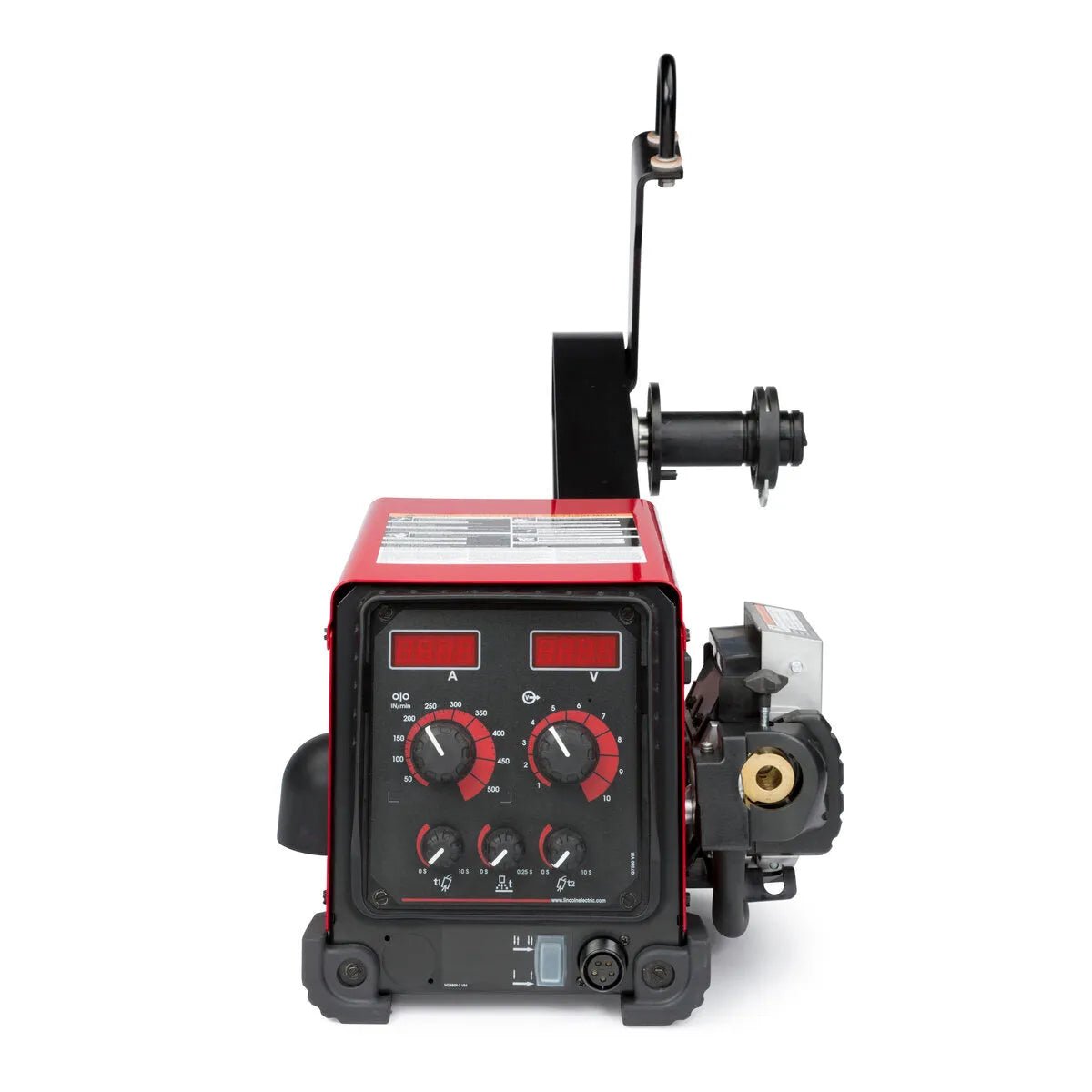 The Lincoln Flex Feed 74 HT Digital U/I, Hvy. Dty. Reel K3883-12 features a red and black front-facing body, semiautomatic wire feeder, digital control panel with dials and switches, spool holder arm on top, and side connectors.