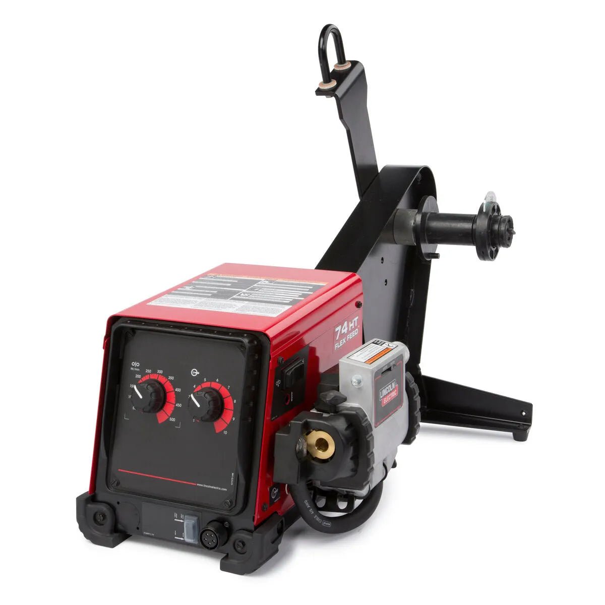 The Lincoln Flex Feed 74 HT Simple U/I, Heavy Duty Reel K3883-11 is a red and black industrial semiautomatic wire feed welder with two control dials, display window, sturdy base, wire spool holder arm, and multiple front ports.