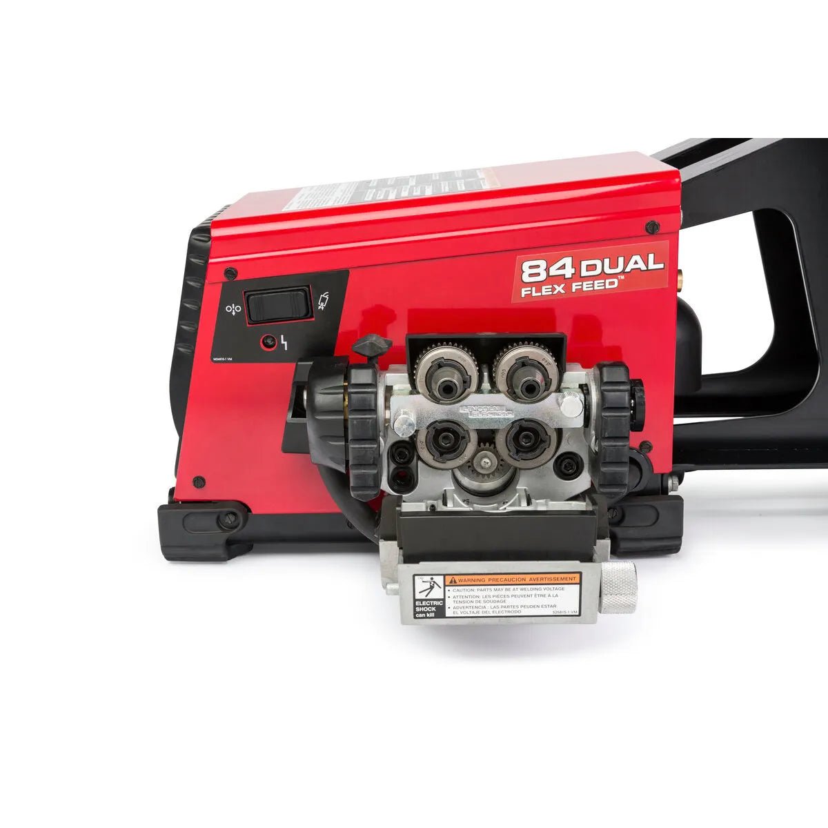 A close-up of the Lincoln Flex Feed 84 Dual Bench with Heavy Duty Wire Reel Stand K5002-5 shows its red casing, visible wire feeding mechanism with rollers and gears, black power switch, handle, and “84 DUAL FLEX FEED” label.