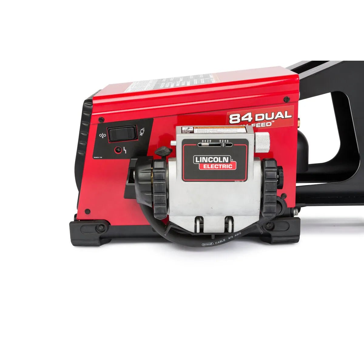Close-up of the Lincoln Flex Feed 84 Dual Bench with Heavy Duty Wire Reel Stand K5002-5, featuring red metal construction, control switches, digital display, branding, black handle, visible cables, and support for heavy duty wire reels.