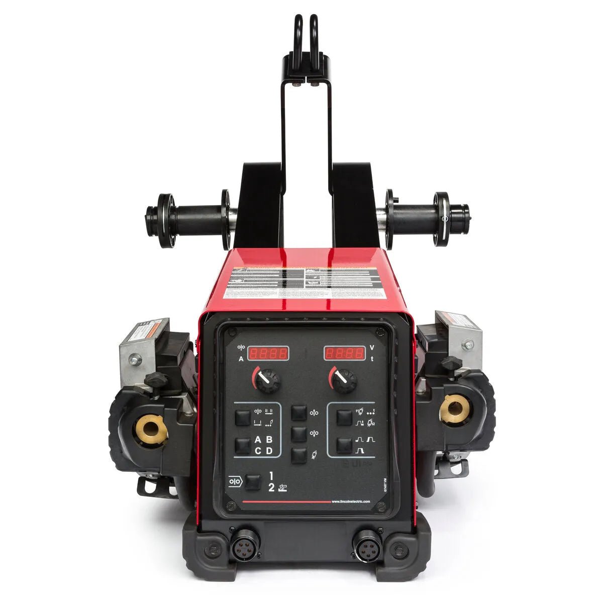 A front view of a red and black Lincoln Flex Feed 84 Dual Bench with Heavy Duty Wire Reel Stand K5002-5 features two digital displays, controls for wire feed speed, metal spools on both sides, and a black carry handle on top.