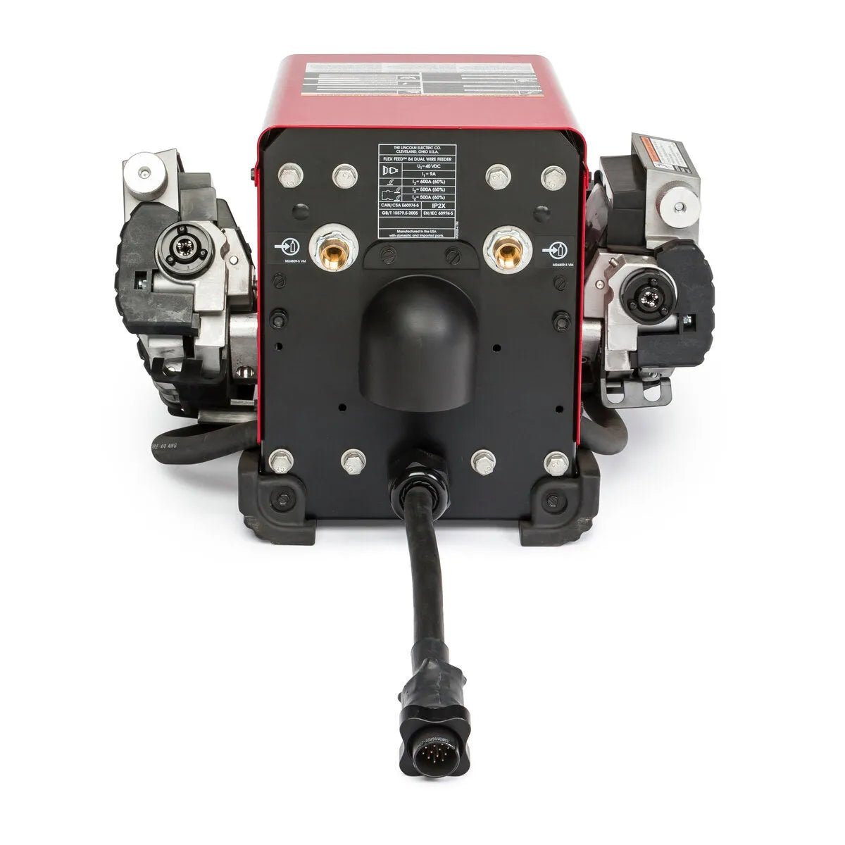 A close-up of the front panel of the Lincoln Flex Feed 84 Dual Bench with Heavy Duty Wire Reel Stand K5002-5, showing dual mechanism assemblies, connection ports, a black output cable, silver bolts, and a wire feed speed label.