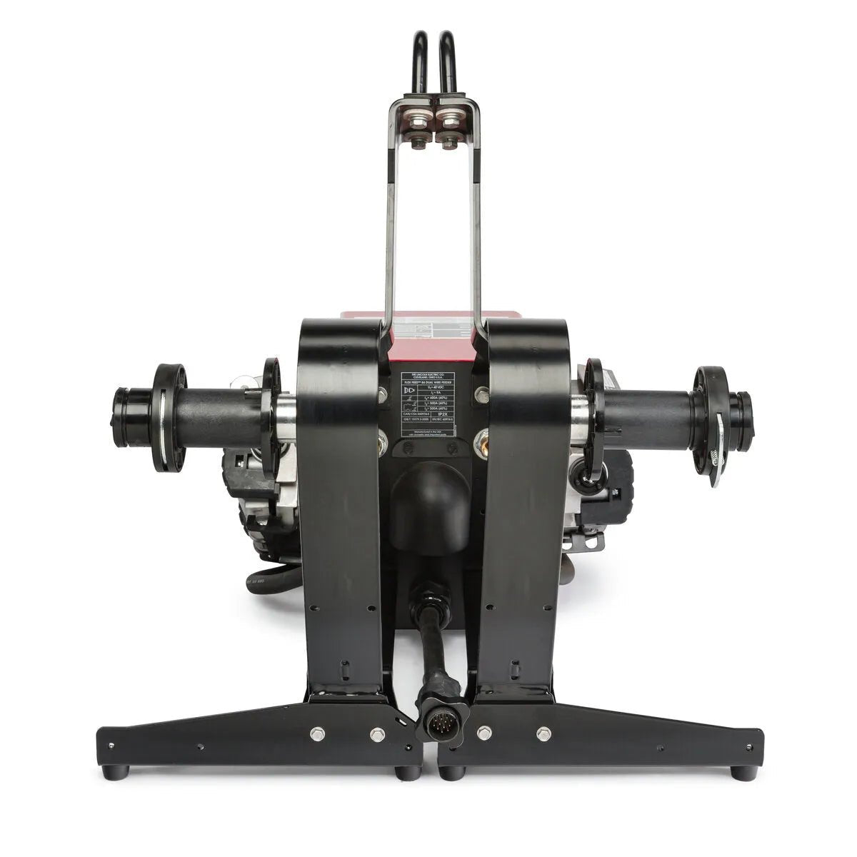 The Lincoln Flex Feed 84 Dual Bench with Heavy Duty Wire Reel Stand K5002-5 features a black and silver front view, two large rotating reels, and a sturdy base with angled supports for reliable wire feed speed and rugged performance.