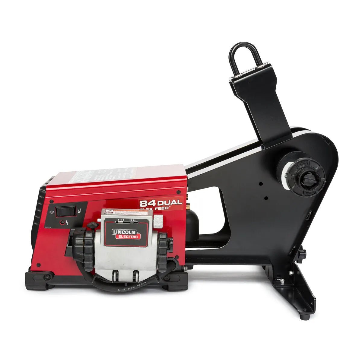 A Lincoln Flex Feed 84 Dual Bench with Heavy Duty Wire Reel Stand K5002-5 is shown in profile, displaying control knobs, a handle, a wire reel stand, and branding on the metal case against a white background.