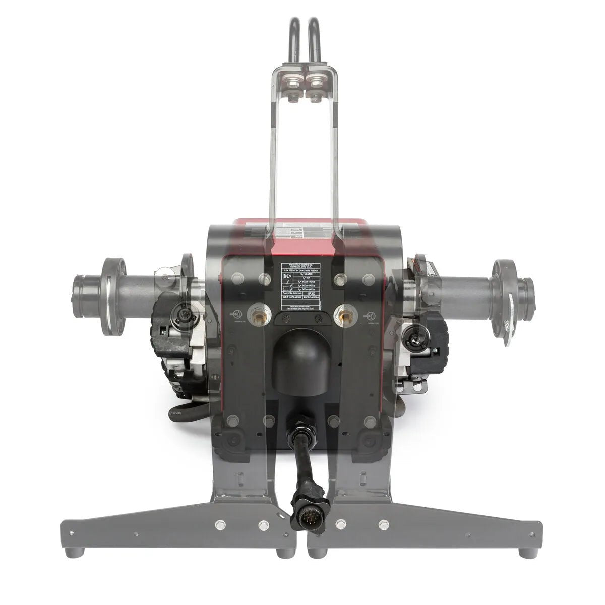 Front view of a Lincoln Flex Feed 84 Dual Bench with Heavy Duty Wire Reel Stand K5002-5 on a gray base, showing two cylindrical axles, central black hub, metal brackets, and a power connector cable at the bottom.