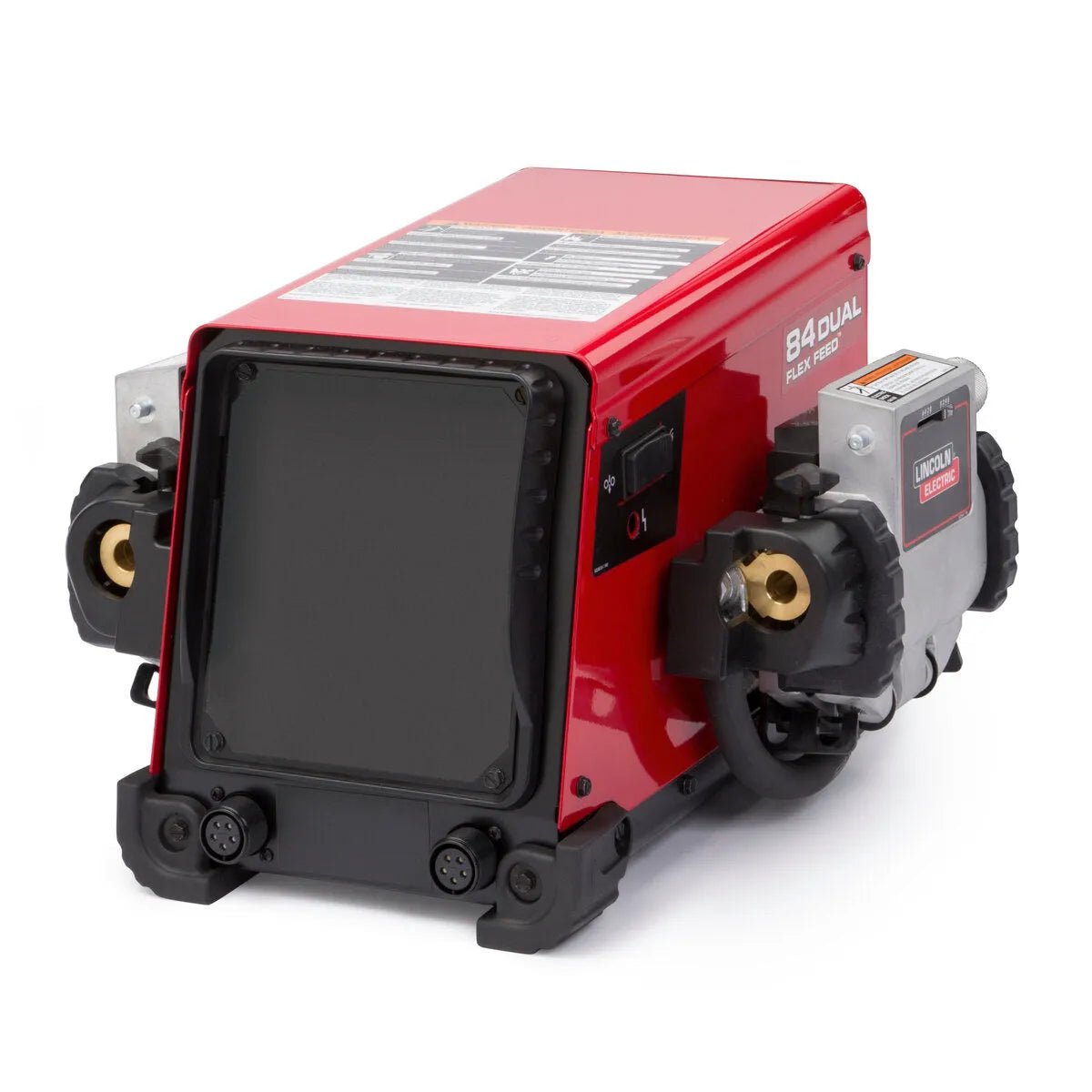 The Lincoln Flex Feed 84 Dual Drive Boom Mount Feeder No U/I K5002-1 features a rectangular red and black body, large front display, side controls, top instruction labels, dual drive knobs and connectors for industrial welding.
