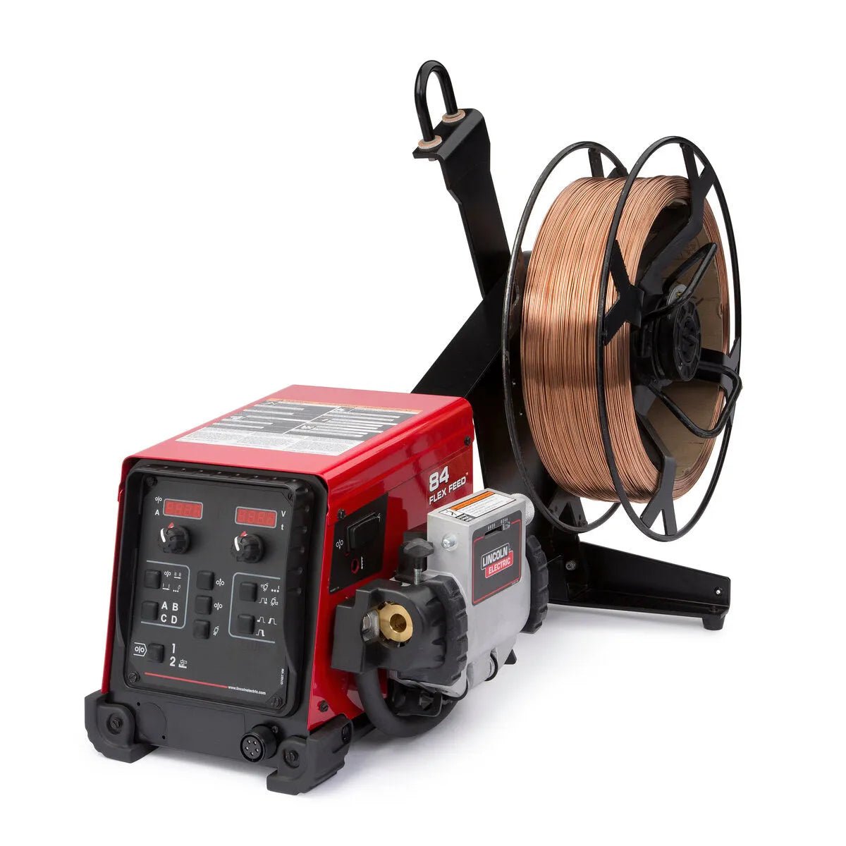 The Lincoln Flex Feed 84 Single Bench with Heavy Duty Wire Reel Stand K5000-2, in red and black, features digital displays, control knobs, and a sturdy reel stand with copper wire spool for precise feed speed, shown on a white background.