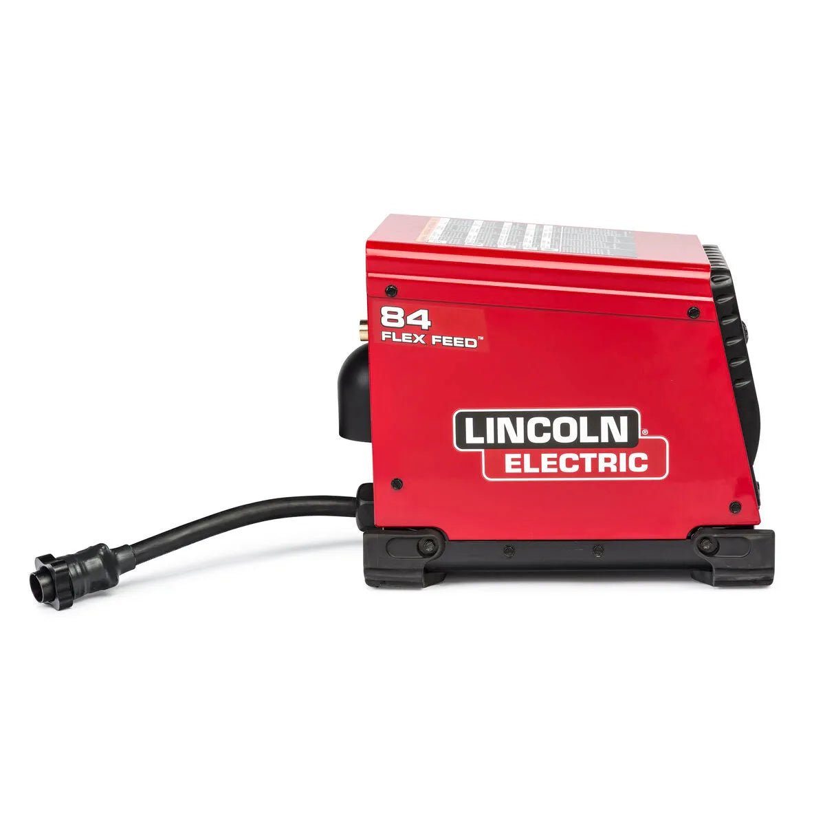 A red Lincoln Flex Feed 84 Single Bench with Heavy Duty Wire Reel Stand K5000-2 is pictured on a white background, featuring a black base, extended power cable, adjustable wire feed speed, and the Lincoln Electric logo on the side.
