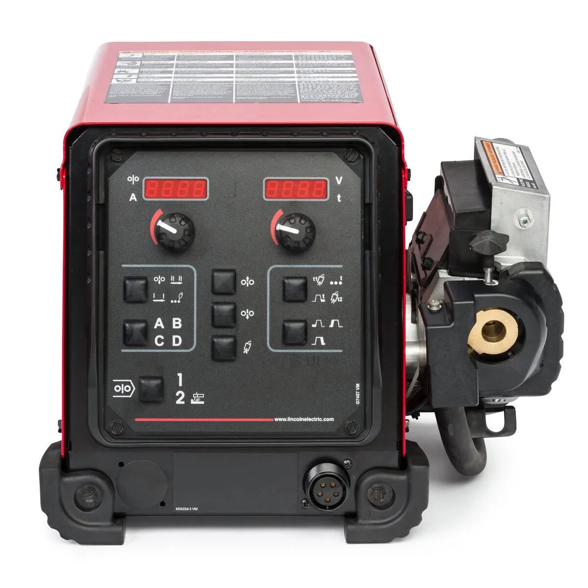 A close-up of the Lincoln Flex Feed 84 Single Bench with Heavy Duty Wire Reel Stand K5000-2 control panel, featuring dual digital displays, various switches, wire feed speed knobs, and a metallic wire feed mechanism on the right.