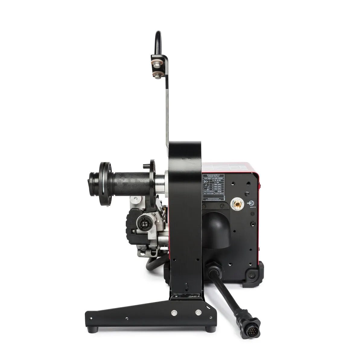 Side view of the Lincoln Flex Feed 84 Single Bench with Heavy Duty Wire Reel Stand K5000-2, featuring a black and red industrial design, spool holder, metallic mechanism, thick multi-pin cable, and control knob against a plain white background.