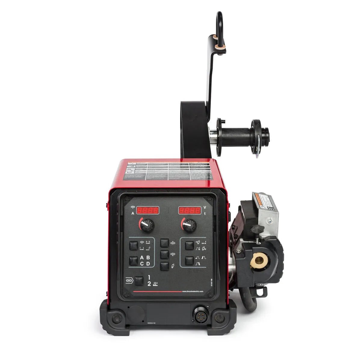 A front view of the Lincoln Flex Feed 84 Single Bench with Heavy Duty Wire Reel Stand K5000-2 in red, showing its control panel with buttons, digital displays, and labeled switches. The wire reel stand is extended on the right, without wire installed.